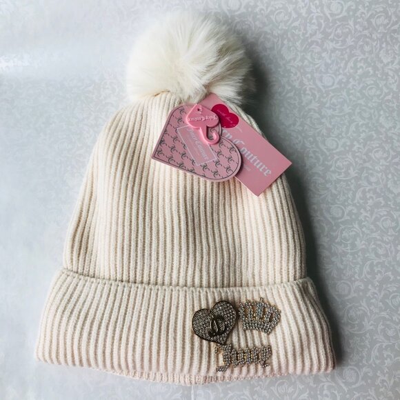 Juicy Couture  Knit Beanie Pom Pom Rhinestone Logo Crown Faux Fur Lining - Picture 1 of 5